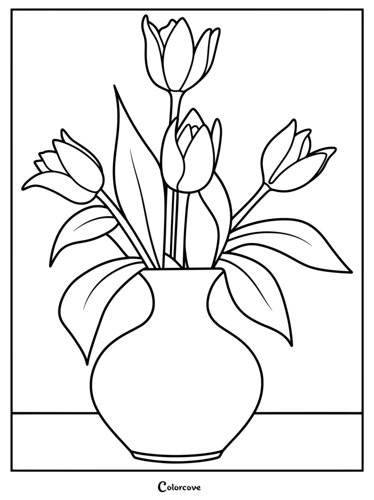 Tulips in a vase coloring page featuring four spring flowers and leaves.