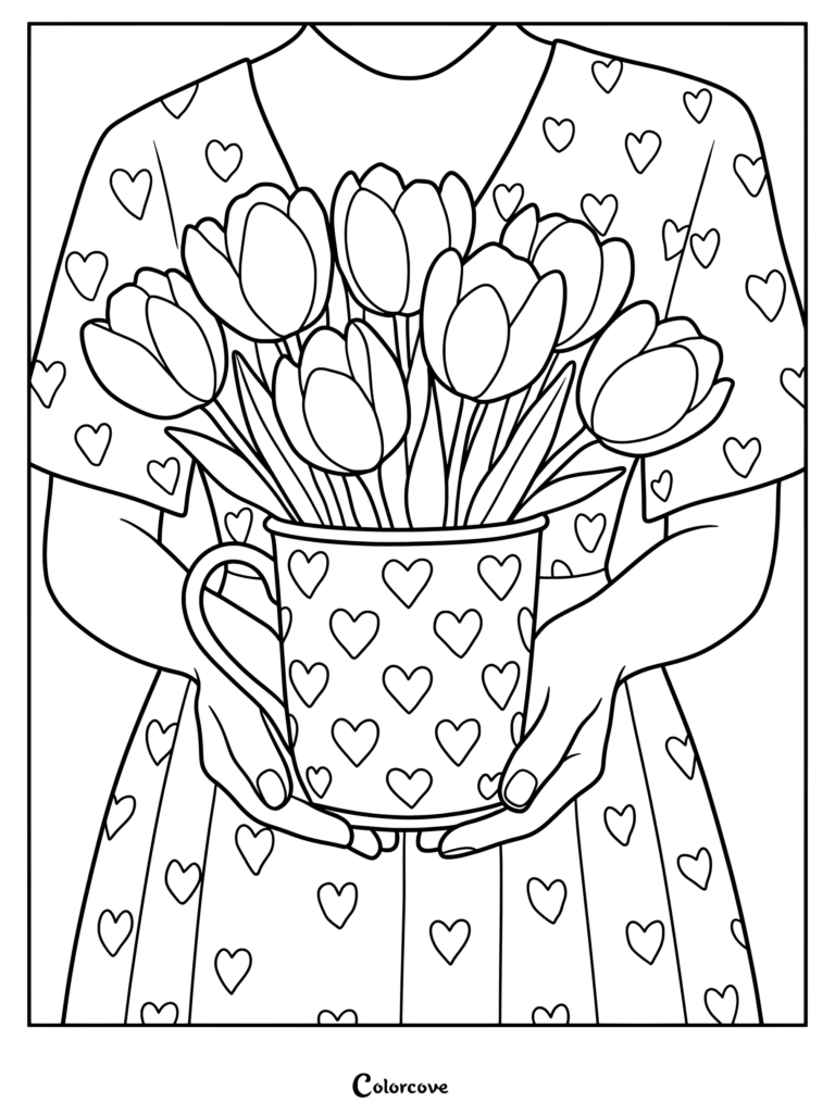 A person in a heart-patterned dress holding a mug filled with tulips coloring page
