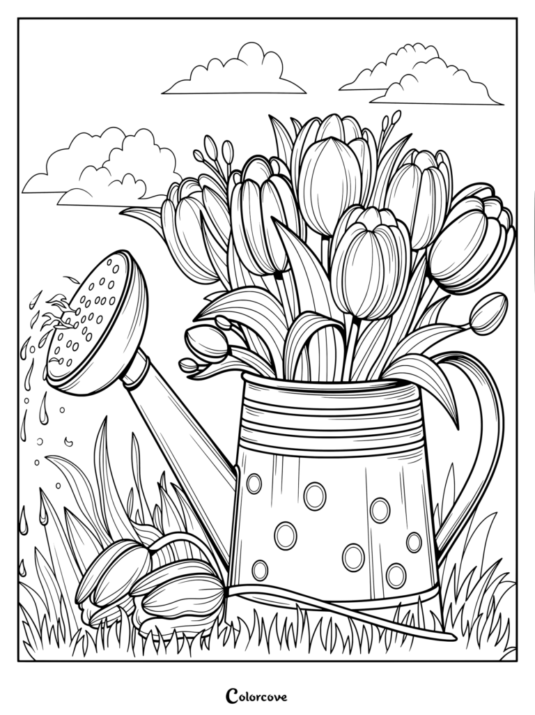 A printable coloring page featuring a bouquet of tulips arranged inside a polka dot watering can outdoors in the grass under fluffy clouds.