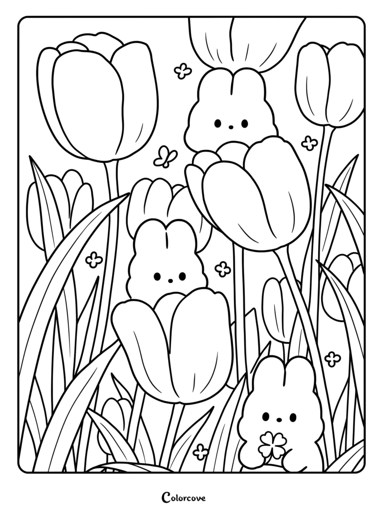 Cute small bunnies hiding inside giant tulip flowers line art coloring page