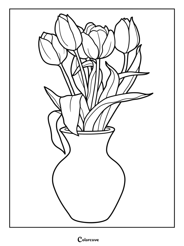 A printable tulip coloring page featuring a bouquet of detailed tulips arranged neatly inside a ceramic vase