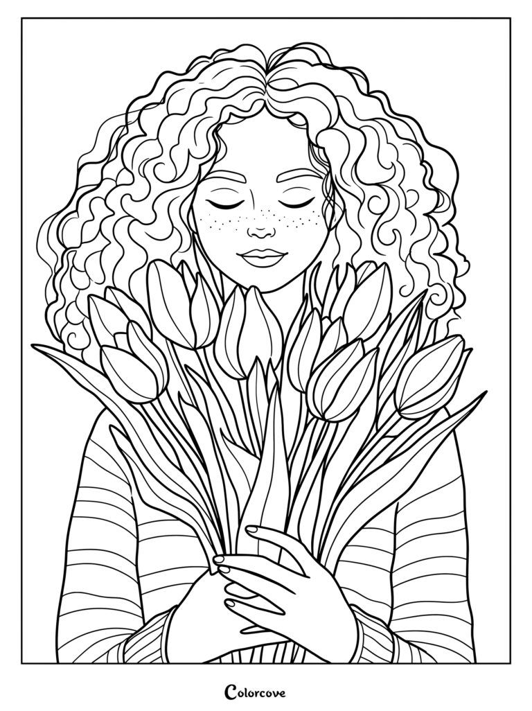 Curly haired girl holding a bouquet of tulips coloring page