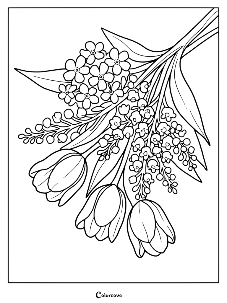 Detailed tulip bouquet coloring page featuring assorted spring flowers and leaves