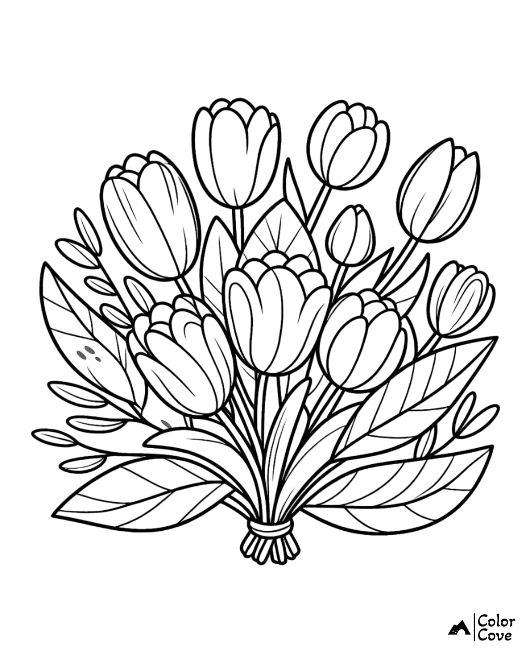 Coloring page of a detailed bouquet of tulips with leaves. Perfect for kids and adults who love floral designs.