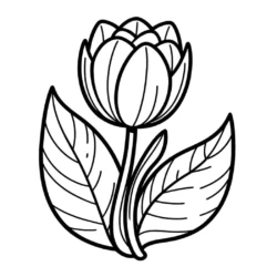 Black and white tulip coloring page with leaves, perfect for kids and adults to enjoy and color creatively.