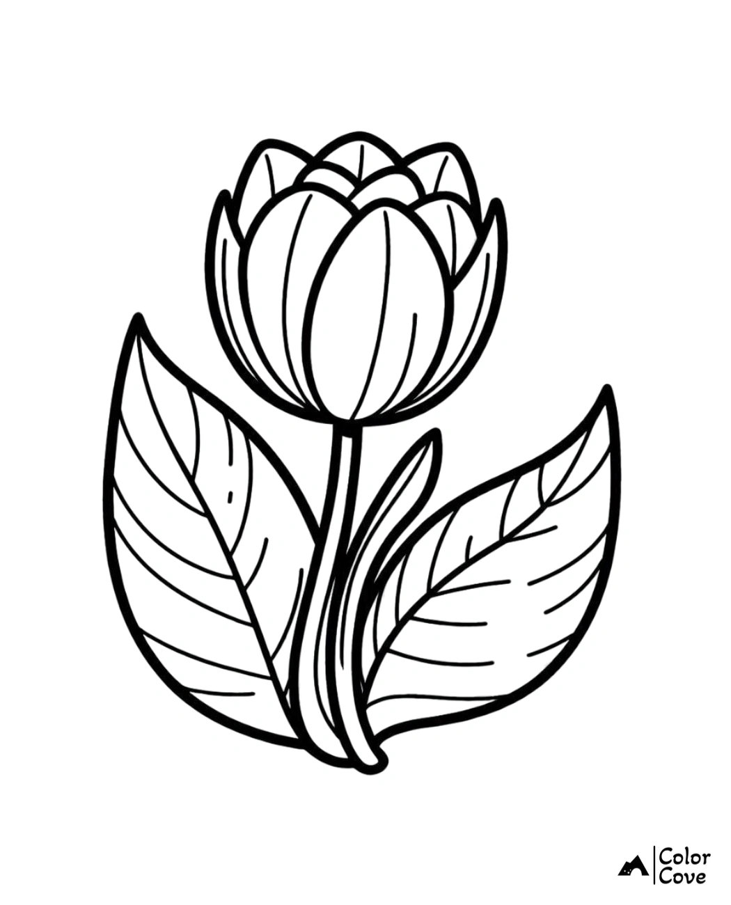 Black and white tulip coloring page with leaves, perfect for kids and adults to enjoy and color creatively.