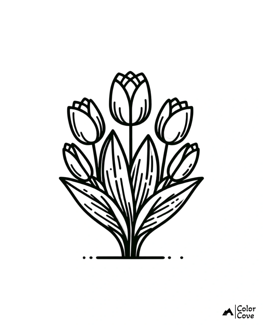 Coloring page featuring a bouquet of tulips with detailed leaves, perfect for kids and adults. Printable flower coloring sheet.