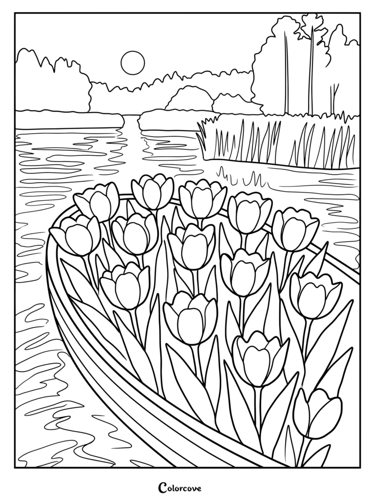 A printable coloring page featuring a wooden boat filled with blooming tulips floating on a calm river with trees and a sun in the background