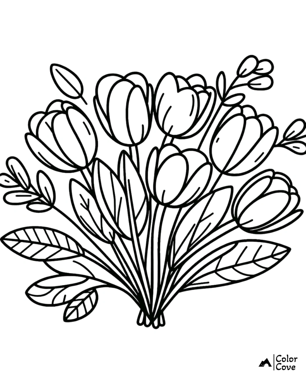 Black and white coloring page featuring a bouquet of tulips and leaves, ready to be colored for relaxation and creativity.