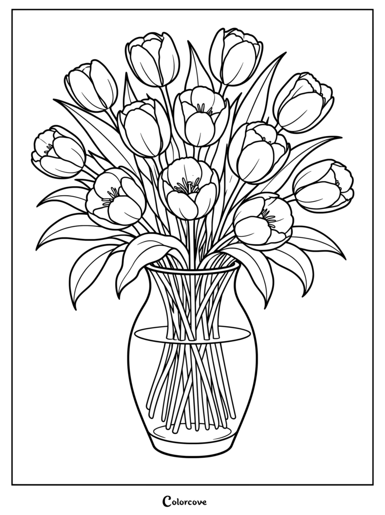 A detailed tulip bouquet coloring page showing a glass vase filled with fresh tulips and long leaves.
