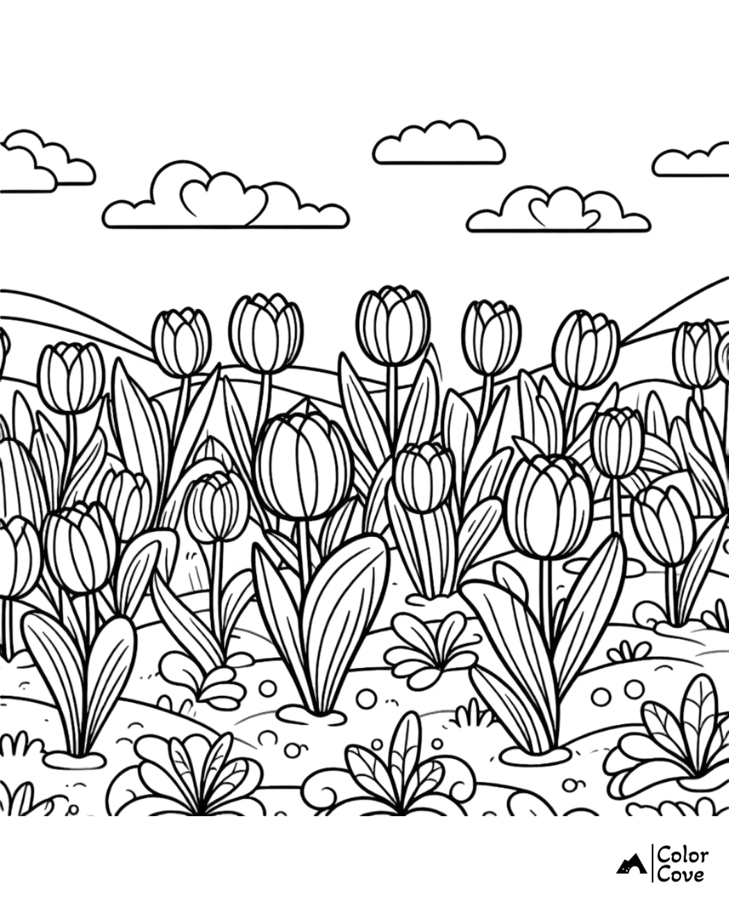 Coloring page of blooming tulip flowers in a garden with clouds and hills in the background, perfect for kids and adults.