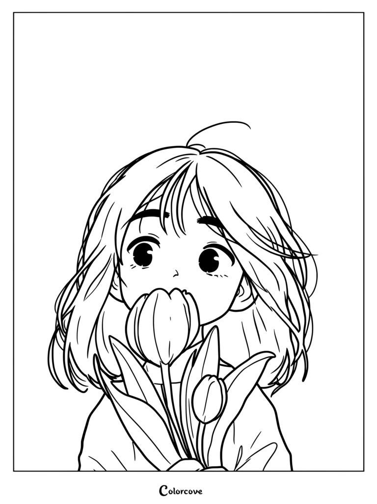An anime style girl holding a bouquet of fresh tulips in this printable coloring page