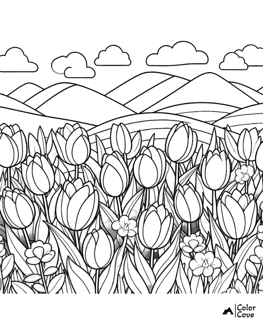 Spring tulip field coloring page featuring blooming flowers, rolling hills, and fluffy clouds. Ideal for kids and adults.