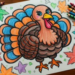 Coloring page featuring a cartoon turkey with colorful feathers surrounded by autumn leaves and stars, crayons nearby.