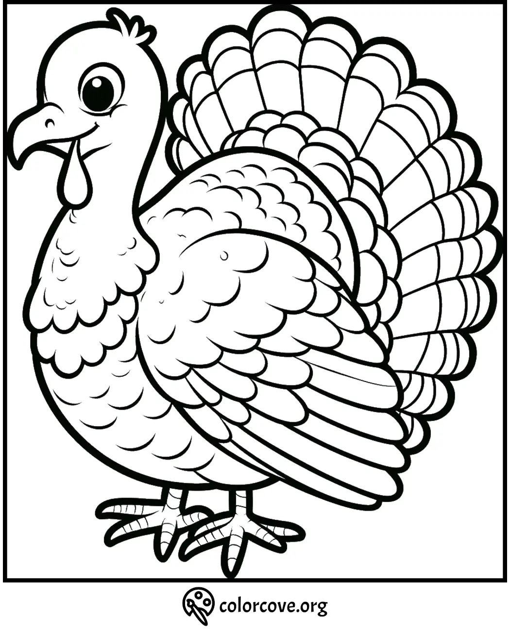 Adorable turkey coloring page for kids, perfect for Thanksgiving activities. Download and print for free at colorcove.org.