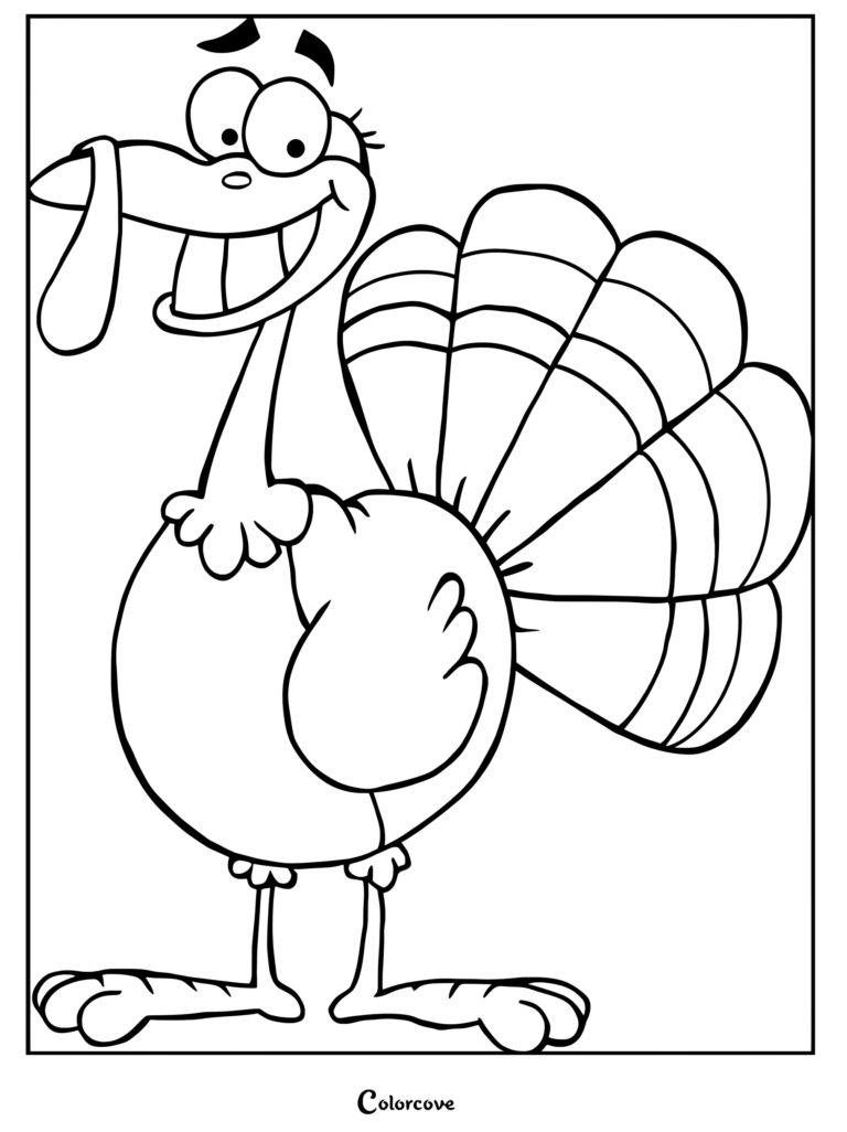 A cheerful cartoon turkey with large eyes and a fanned tail in a printable coloring page format.