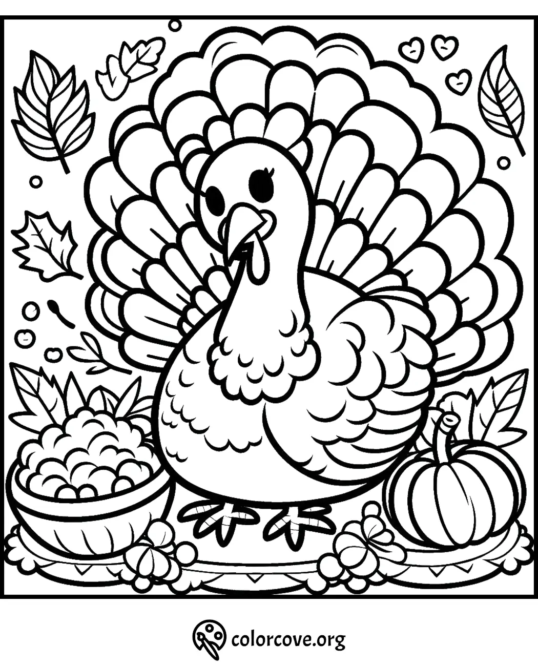 Thanksgiving turkey coloring page featuring autumn leaves, a pumpkin, and a bowl of berries.