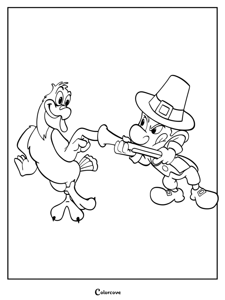 A cartoon pilgrim in a buckled hat pointing a musket at a surprised turkey in this printable coloring page.