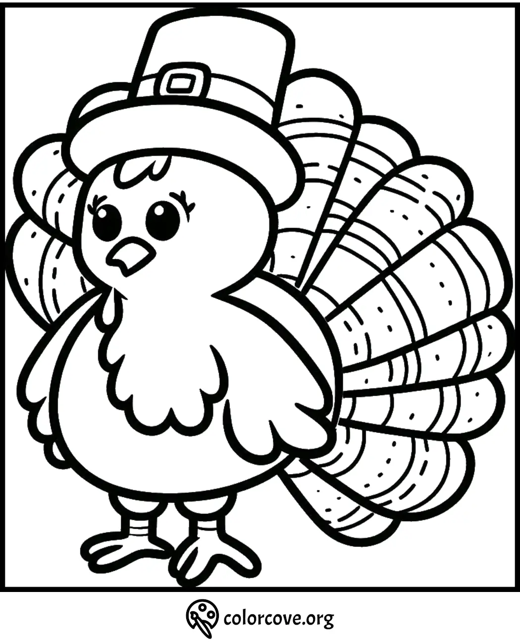 Cute turkey wearing a Pilgrim hat coloring page for Thanksgiving. Free printable from colorcove.org.