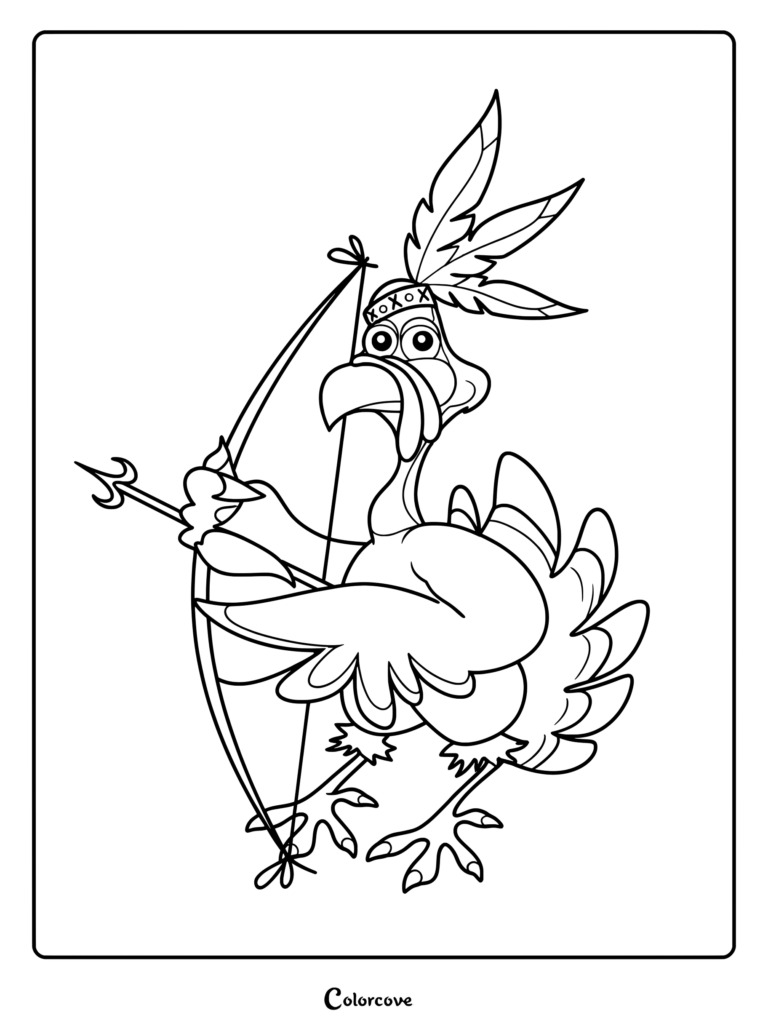 A cartoon turkey wearing a feathered headband and holding a bow and arrow in this printable coloring page.