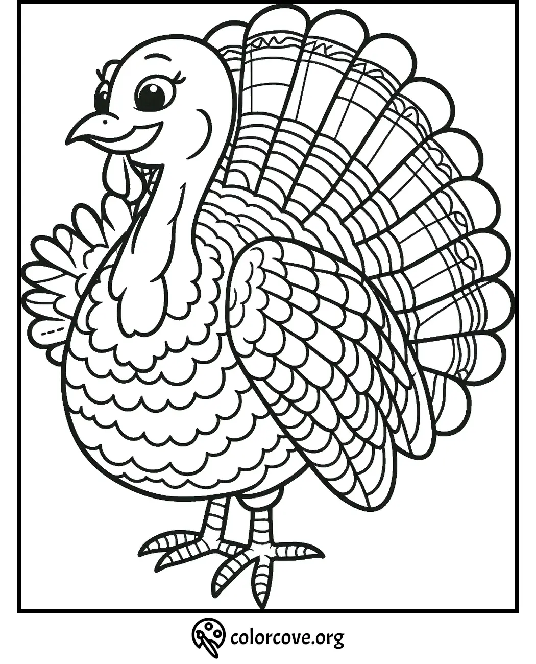 Printable turkey coloring page for kids with intricate feather details. Perfect for Thanksgiving activities.