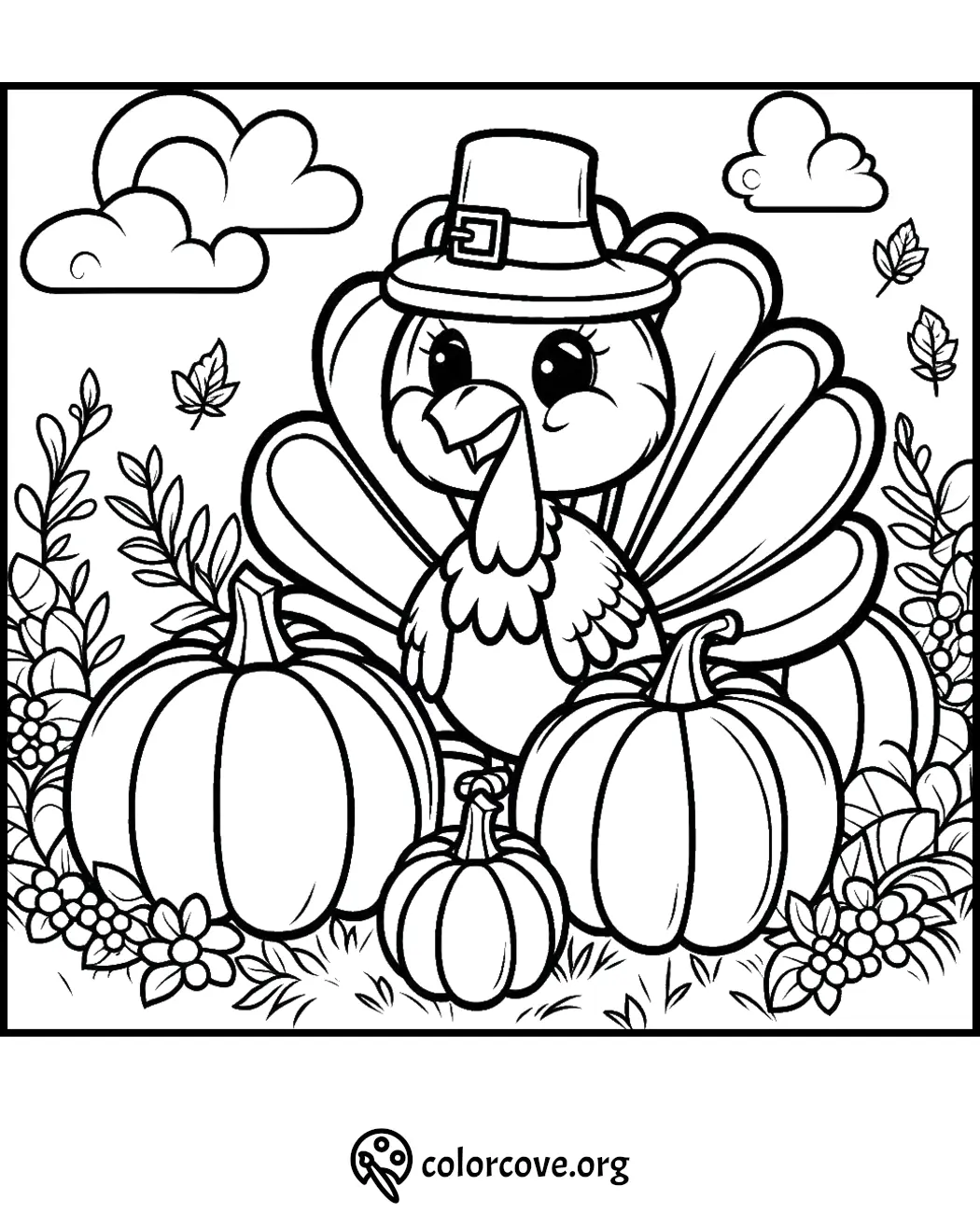 Cute Thanksgiving turkey with a pilgrim hat, surrounded by pumpkins and autumn leaves. Printable coloring page for kids.