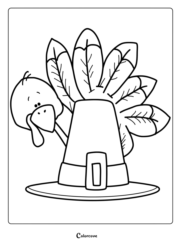 A cute turkey with fanned tail feathers peeking from behind a large pilgrim hat in this printable coloring page.