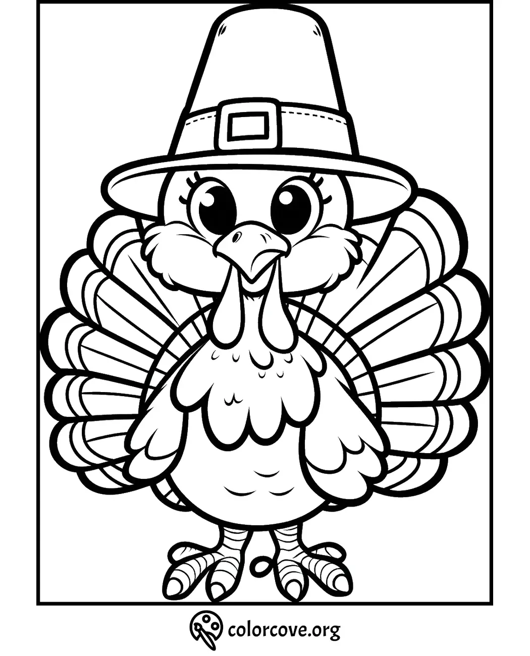 Cute Thanksgiving turkey coloring page with a pilgrim hat. Ideal for kids' holiday activities and fun coloring sessions.