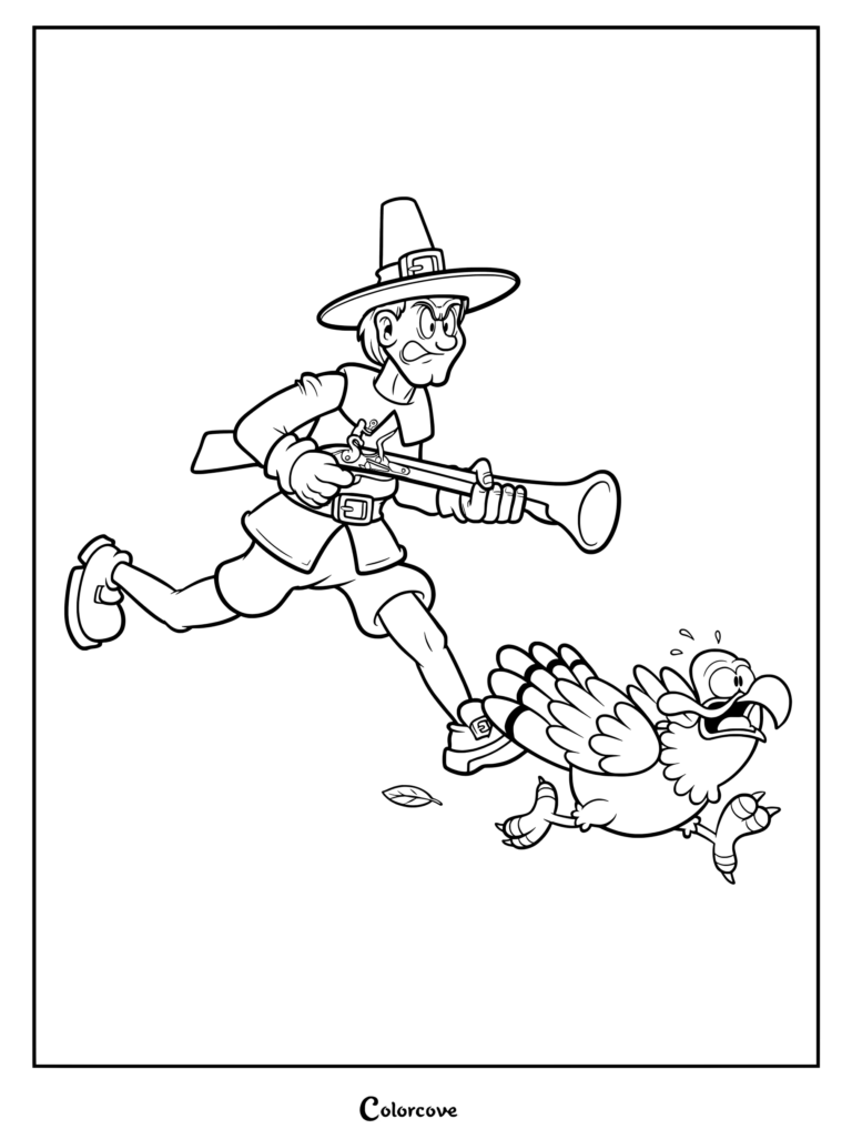 A cartoon pilgrim in a buckled hat holding a musket while chasing a panicked turkey in this printable coloring page.