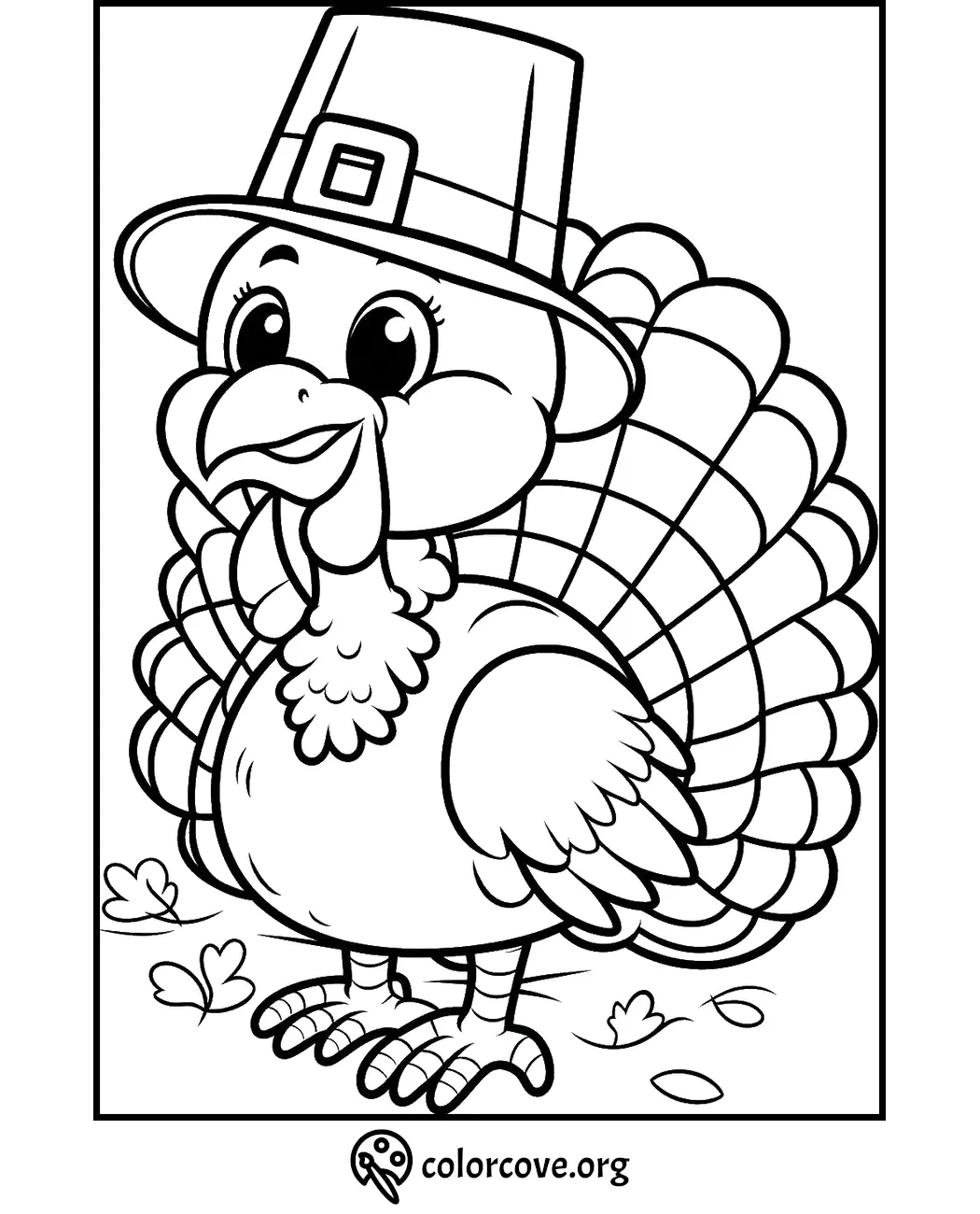 Thanksgiving turkey coloring page featuring a cartoon turkey wearing a Pilgrim hat. Ready to print and color.