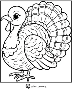 Turkey coloring page with detailed feathers and eyes, perfect for kids and adults at colorcove.org.