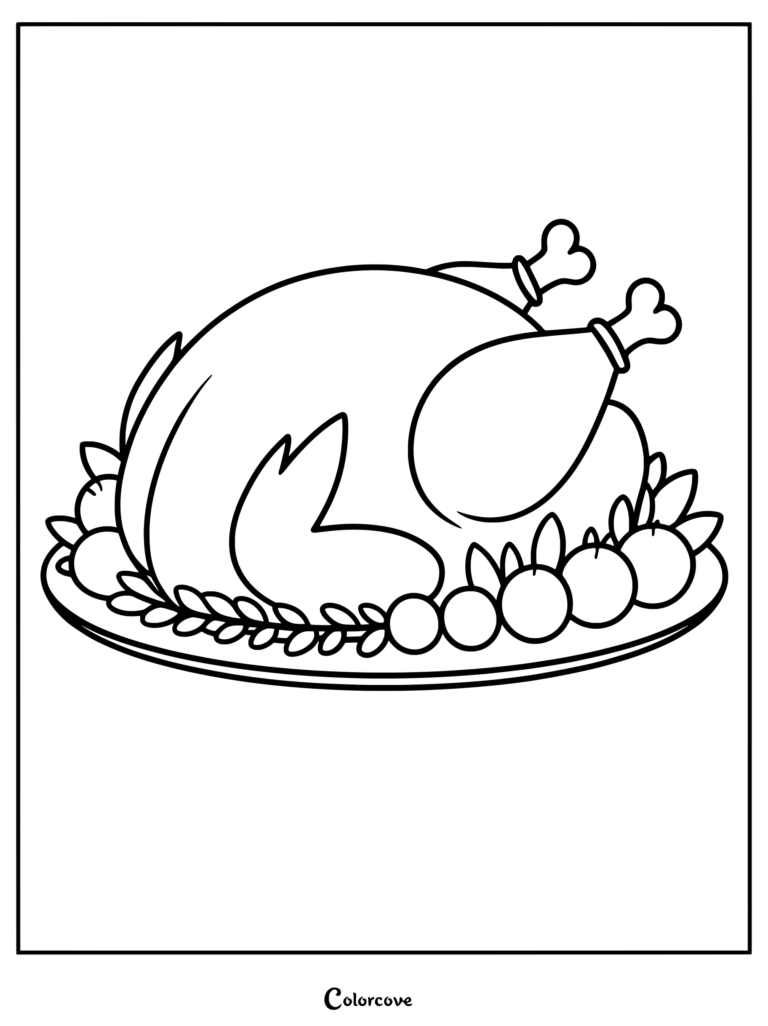 A roasted turkey on a platter surrounded by garnish and berries in this printable coloring page.