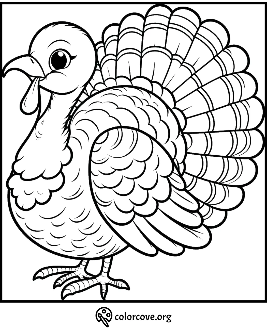 Turkey coloring page with detailed feathers and eyes, perfect for kids and adults at colorcove.org.