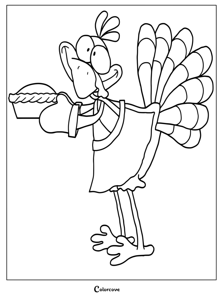 A cartoon turkey wearing an apron and oven mitt holding a baked pie in this printable coloring page.