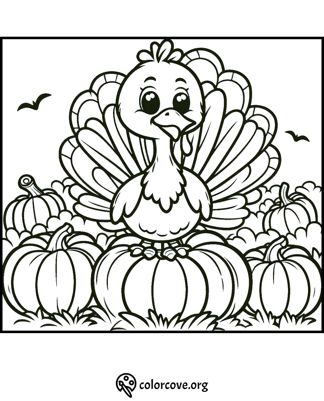 Turkey coloring page for kids with pumpkins and birds, perfect for Thanksgiving art activities from colorcove.org.