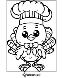 Adorable turkey coloring page with a chef's hat and bow tie, perfect for kids during Thanksgiving. Download at colorcove.org.