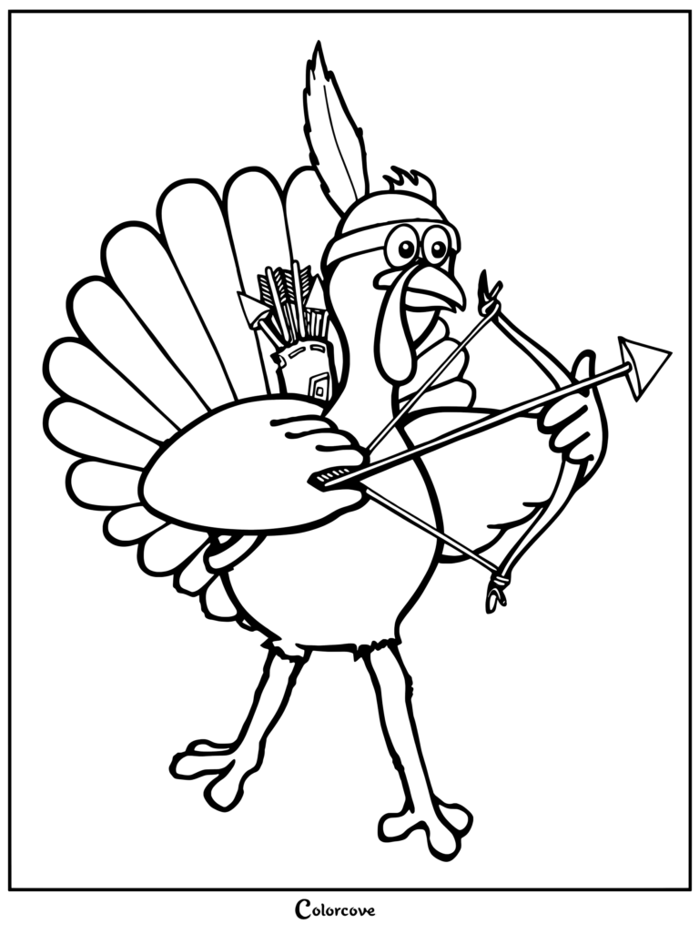 A cartoon turkey wearing a headband with a feather, carrying a quiver of arrows, and aiming a bow and arrow in this coloring page.