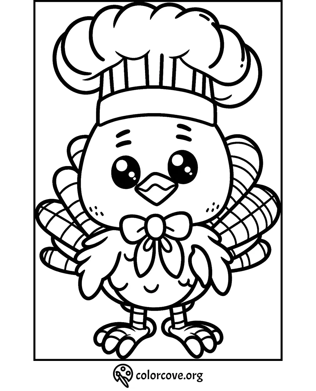 Adorable turkey coloring page with a chef's hat and bow tie, perfect for kids during Thanksgiving. Download at colorcove.org.