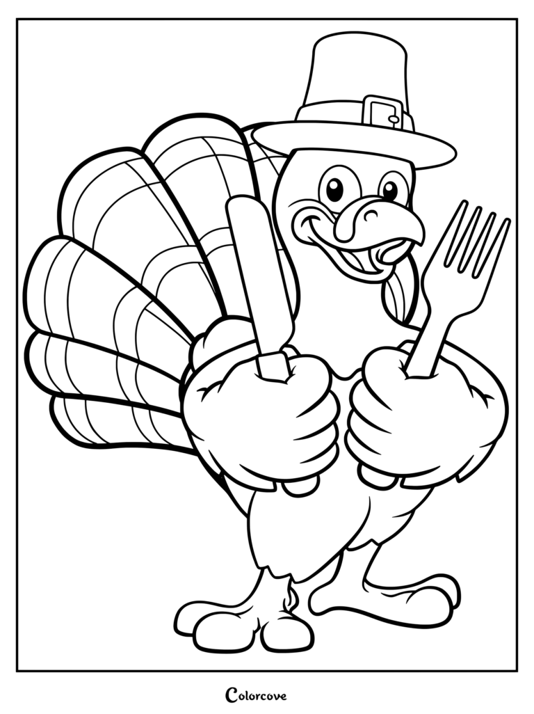 A happy turkey wearing a pilgrim hat holding a knife and fork in this printable coloring page.