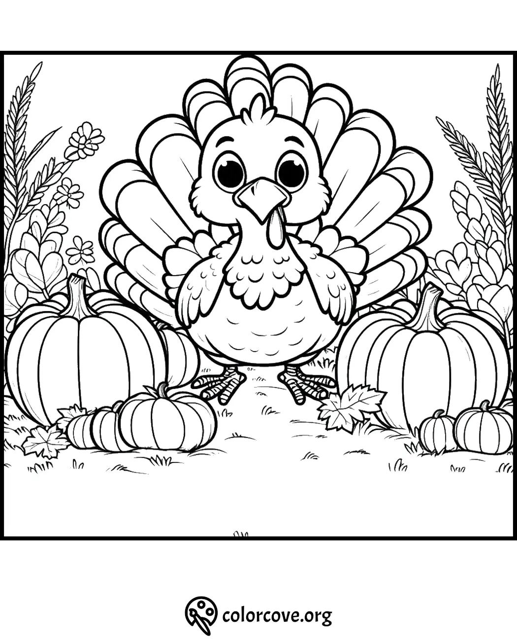 Cute turkey in a fall scene coloring page with pumpkins and foliage from ColorCove.org. Perfect for Thanksgiving activities!