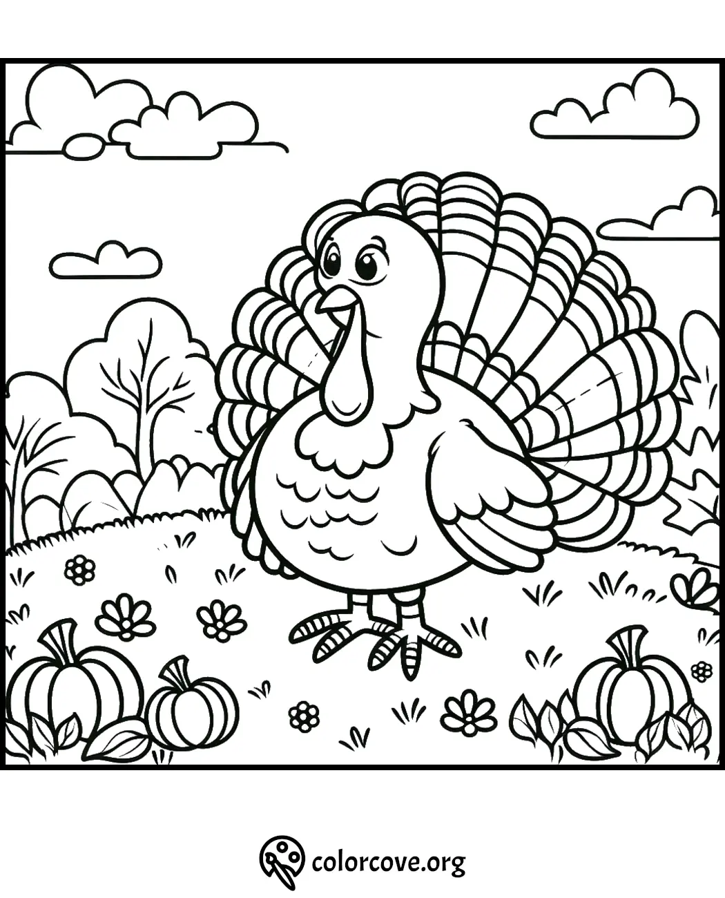 Turkey coloring page for kids, featuring a turkey in a field with pumpkins and flowers, perfect for Thanksgiving-themed activities.