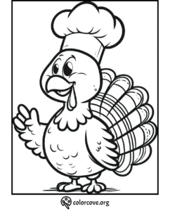 Thanksgiving turkey coloring page; cheerful turkey wearing a chef's hat and waving.
