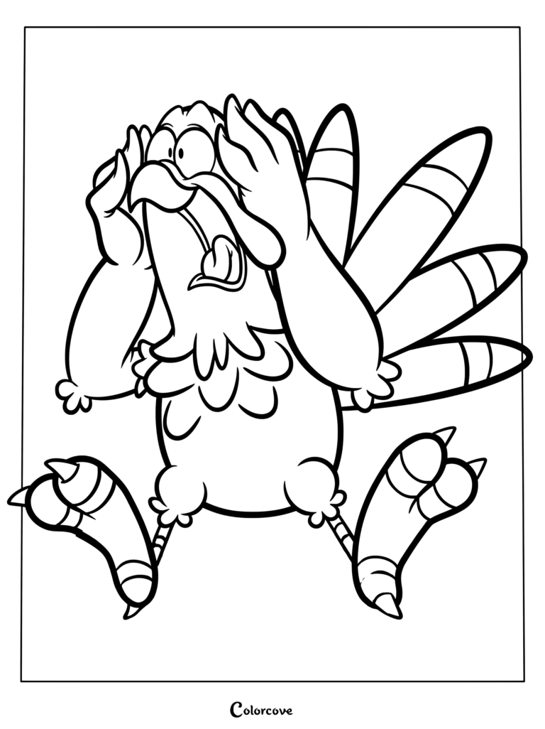 A cartoon turkey looking terrified with hands on its head, featured on a printable coloring page.