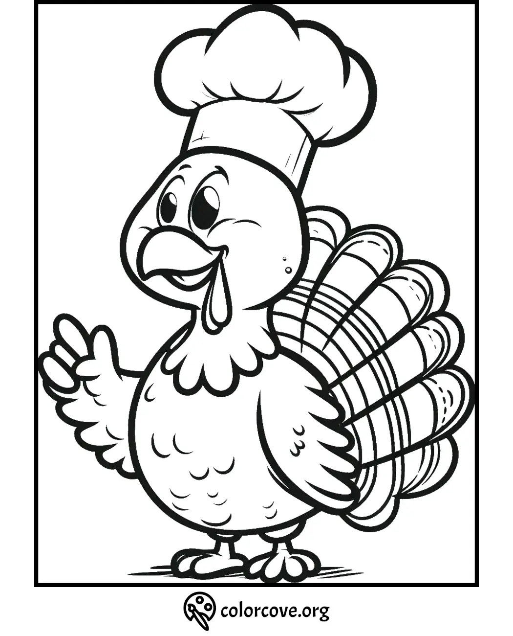 Thanksgiving turkey coloring page; cheerful turkey wearing a chef's hat and waving.