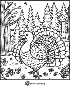 Coloring page featuring a detailed turkey in a forest setting. Trees and foliage in the background, site branding visible.