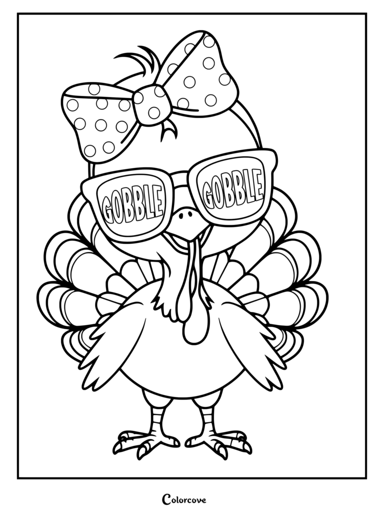 A turkey coloring page featuring a cute bird wearing a large polka dot hair bow and sunglasses with the word GOBBLE written on the lenses.