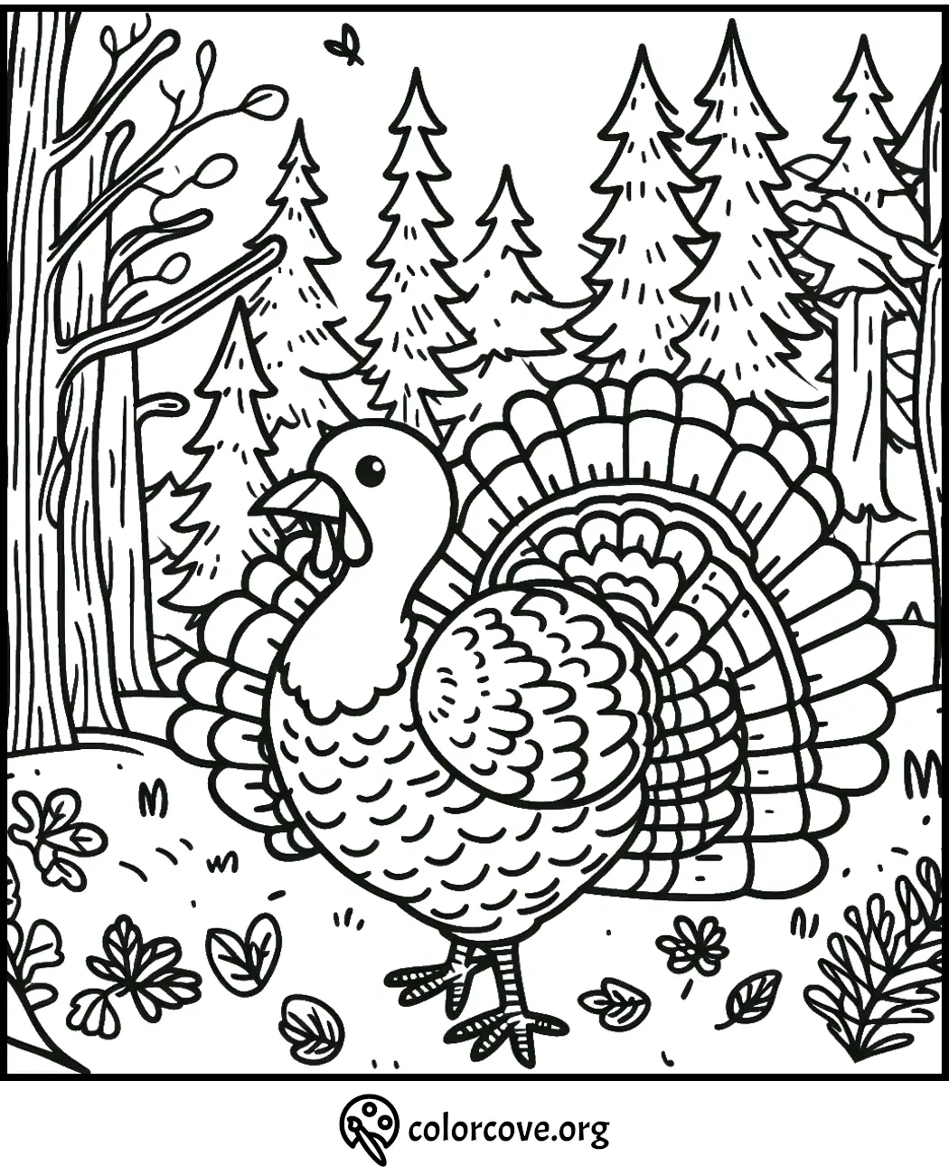 Coloring page featuring a detailed turkey in a forest setting. Trees and foliage in the background, site branding visible.