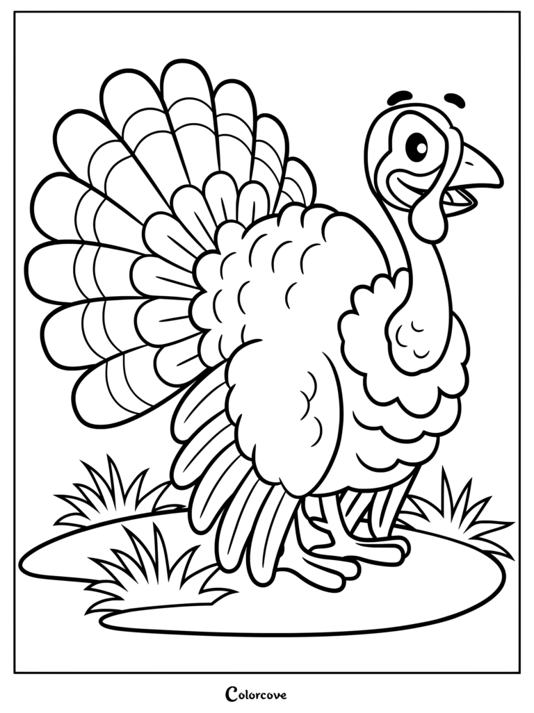 A cheerful cartoon turkey with a fanned tail standing in the grass on this printable coloring page.