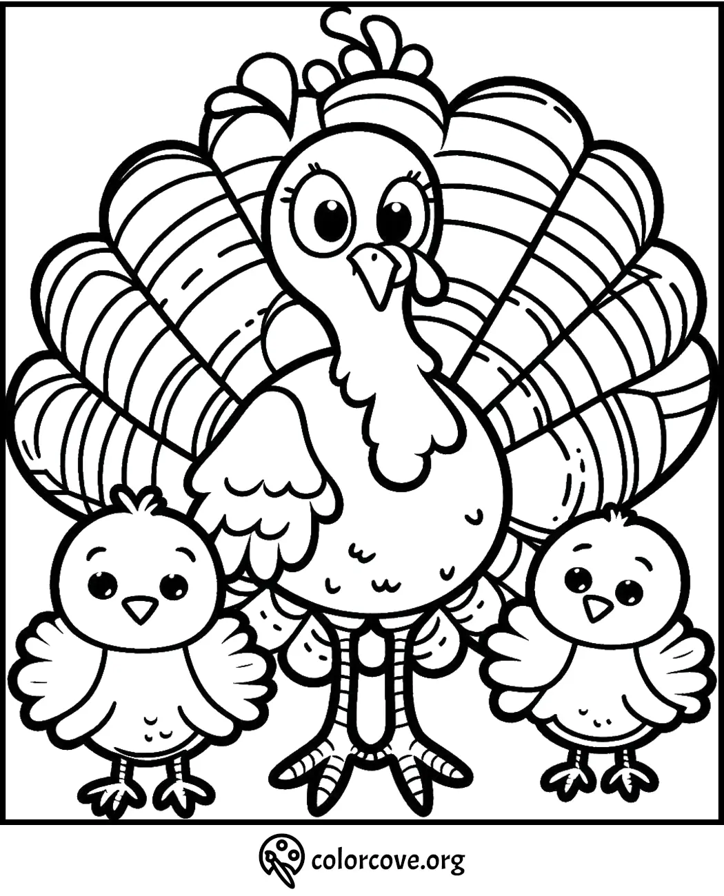 Turkey coloring page with a mother turkey and two chicks. Fun thanksgiving activity for kids to color. Printable from colorcove.org.