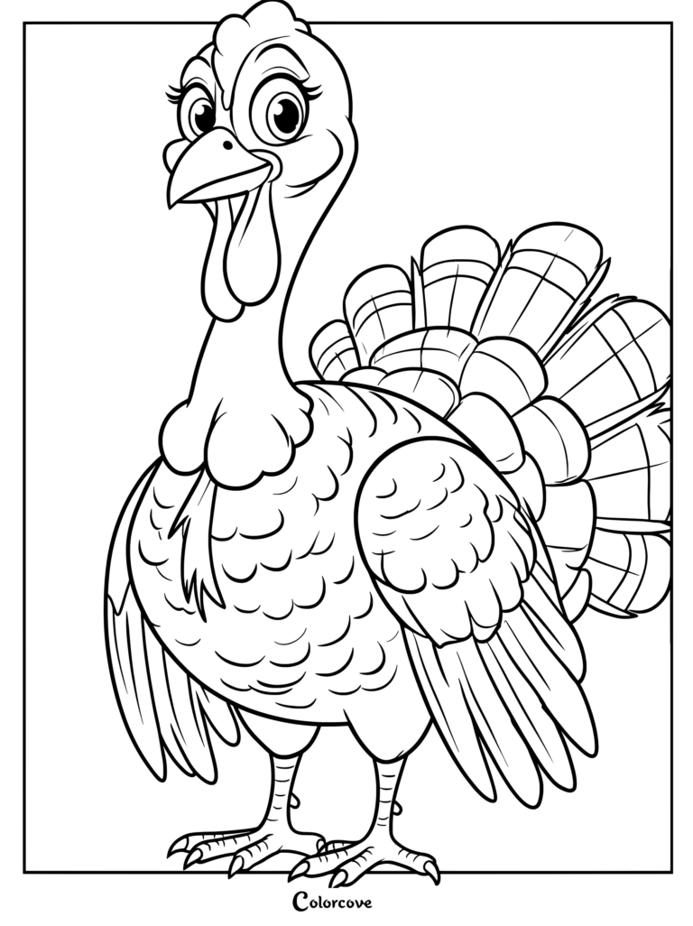 A friendly turkey with large eyes and fanned tail feathers in a line art coloring page style.